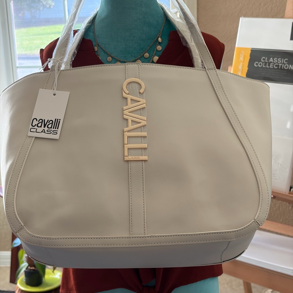 Cavalli Class Beige Tote with Gold Accents
